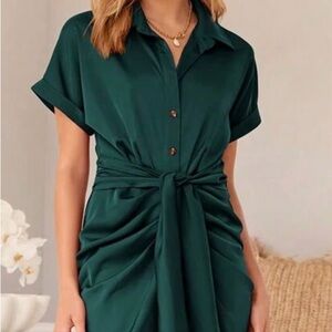 Emerald Green Draped Midi Dress with Tie